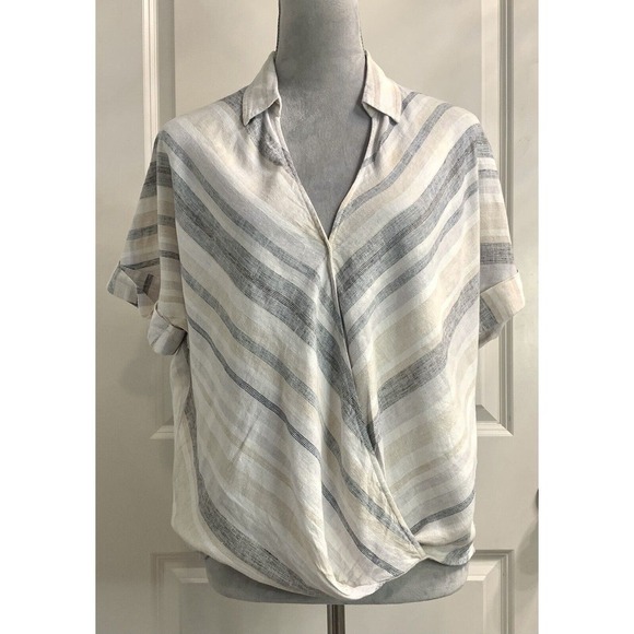 Loft Women’s Faux Wrap V Neck Linen Blend Short Sleeve Chevron Blouse S - Picture 1 of 7